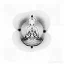 A dotwork tattoo featuring a person in deep meditation, with their reflection showing the seven chakras radiating energy over a bonsai tree, symbolizing inner harmony and strength. tattoo design idea