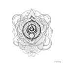 A dotwork tattoo featuring a person in deep meditation, with their reflection showing the seven chakras radiating energy over a bonsai tree, symbolizing inner harmony and strength. tattoo design idea