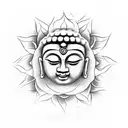 A minimalistic design featuring the face of Buddha in black-grey ink, with a temple and lotus flower subtly incorporated into the background. tattoo design idea
