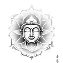 A minimalistic design featuring the face of Buddha in black-grey ink, with a temple and lotus flower subtly incorporated into the background. tattoo design idea