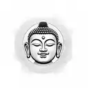 A minimalistic design featuring the face of Buddha in black-grey ink, with a temple and lotus flower subtly incorporated into the background. tattoo design idea