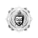 A mesmerizing blackwork tattoo depicting the serene face of Buddha surrounded by a temple, lotus flowers, and intricate patterns representing the interconnectedness of all things. tattoo design idea