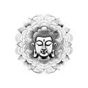 A mesmerizing blackwork tattoo depicting the serene face of Buddha surrounded by a temple, lotus flowers, and intricate patterns representing the interconnectedness of all things. tattoo design idea