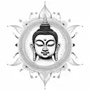 A mesmerizing blackwork tattoo depicting the serene face of Buddha surrounded by a temple, lotus flowers, and intricate patterns representing the interconnectedness of all things. tattoo design idea