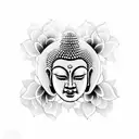 A mesmerizing blackwork tattoo depicting the serene face of Buddha surrounded by a temple, lotus flowers, and intricate patterns representing the interconnectedness of all things. tattoo design idea