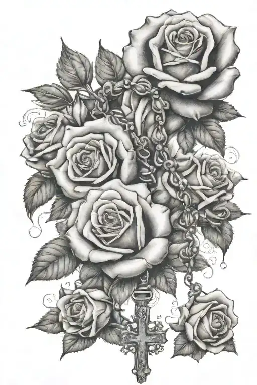 rosary tattoo going down forearm with roses and smoke trailing leading to thumb tattoo design idea