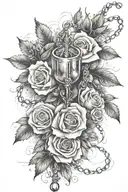 rosary tattoo going down forearm with roses and smoke trailing leading to thumb tattoo design idea
