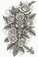 rosary tattoo going down forearm with roses and smoke trailing leading to thumb tattoo design idea
