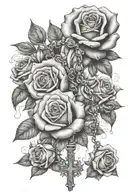 rosary tattoo going down forearm with roses and smoke trailing leading to thumb tattoo design idea