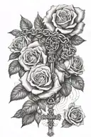 rosary tattoo going down forearm with roses and smoke trailing leading to thumb tattoo design idea