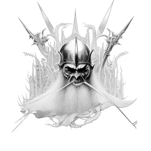 A detailed portrait of a famous heavy metal musician surrounded by Lord of the Rings characters tattoo design idea