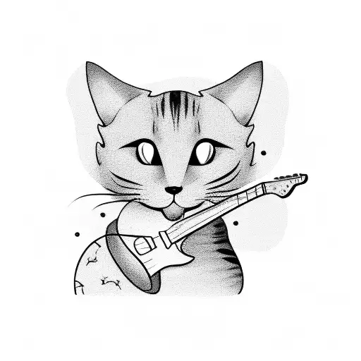 A silhouette of a cat playing a guitar on a beach at sunset tattoo design idea