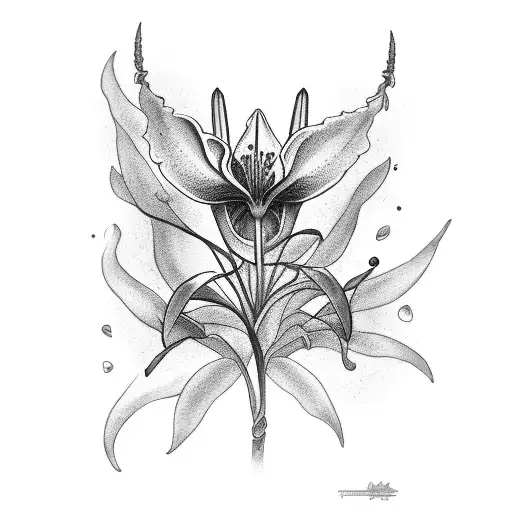 ave fenix mirando hacia arriva con liliums alrededor tattoo design idea