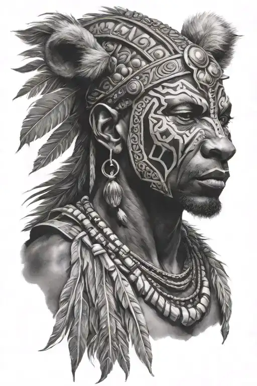 African warrior wearing lion head tattoo design idea