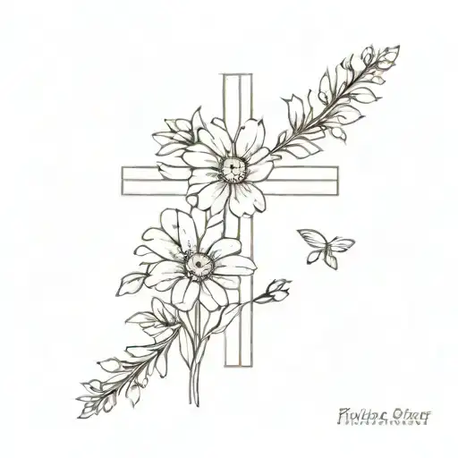 cross with daisy and forget me not flower bouquet tattoo design idea