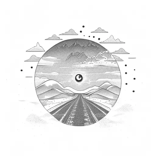 A desert landscape with a silhouette of a 1967 mustang driving into the sunset tattoo design idea