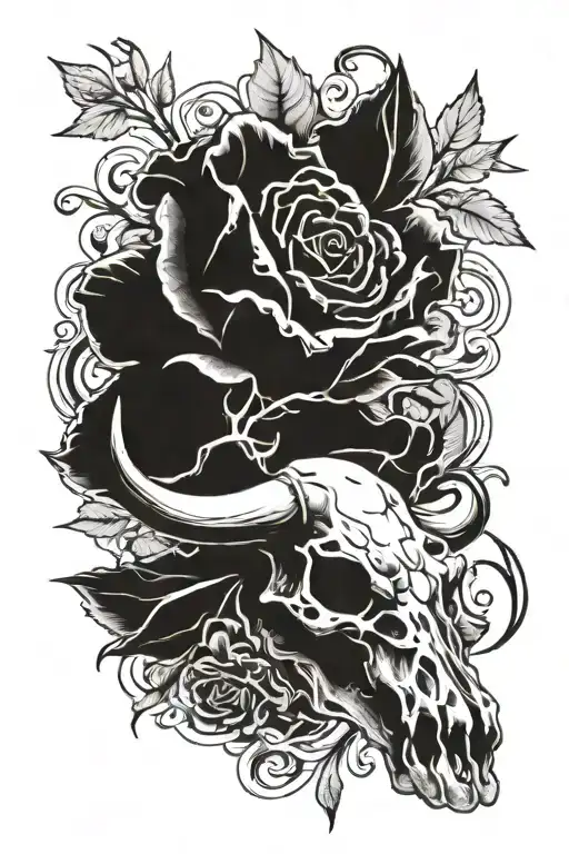 burning roses an a bull skull tattoo design idea