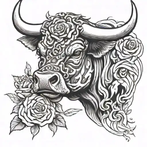 dangerous looking bull, glowing eyes, smoke from the nose, burning roses tattoo design idea