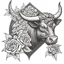dangerous looking bull, glowing eyes, smoke from the nose, burning roses tattoo design idea