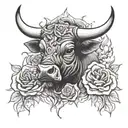 dangerous looking bull, glowing eyes, smoke from the nose, burning roses tattoo design idea