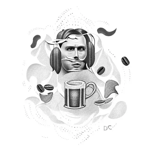A coffee-inspired tattoo with surreal elements, depicting an actor performing on a stage made of coffee beans tattoo design idea