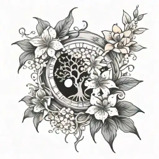 Lily flower, cherry blossom, family tree, Father Time, tree of life  tattoo design idea