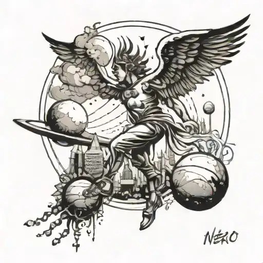 icarus falling from the sky with city skyline and planets tattoo design idea