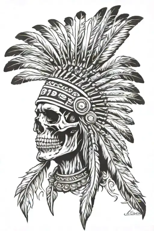 skull with Native American chief headress tattoo design idea