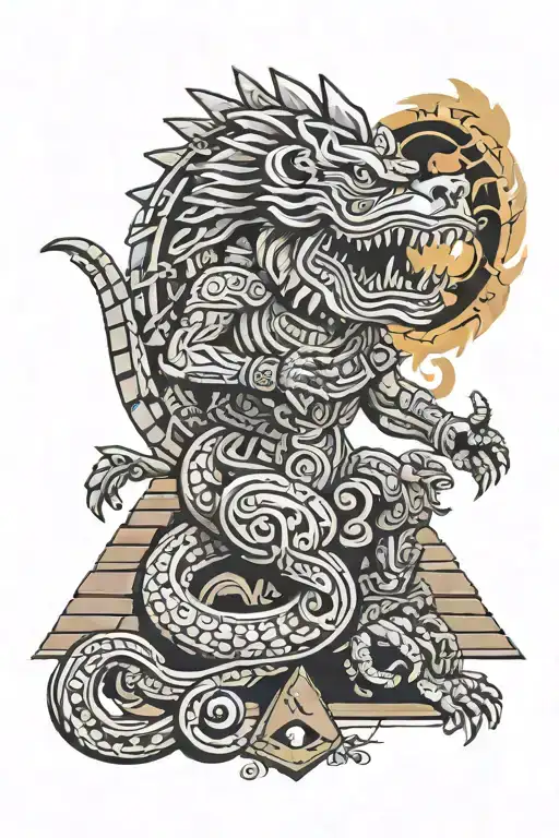 aztec god quetzalcoatl with mayan pyramids sun moon tattoo design idea