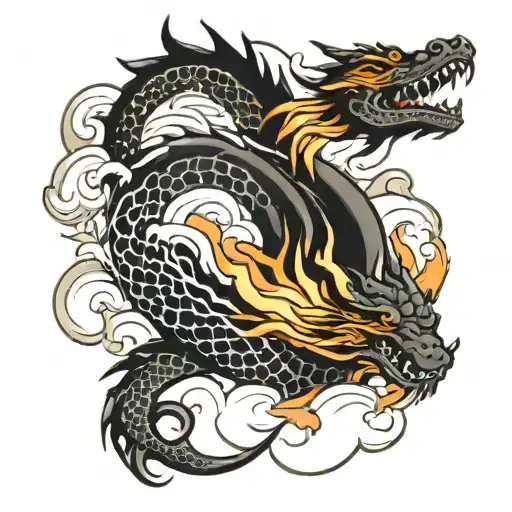 dragon breathing fire going around forearm surrounded by waves and clouds  tattoo design idea