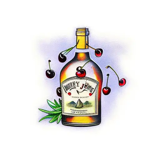 wine bottle with cherries on the label, next to it rosemary and thyme tattoo design idea