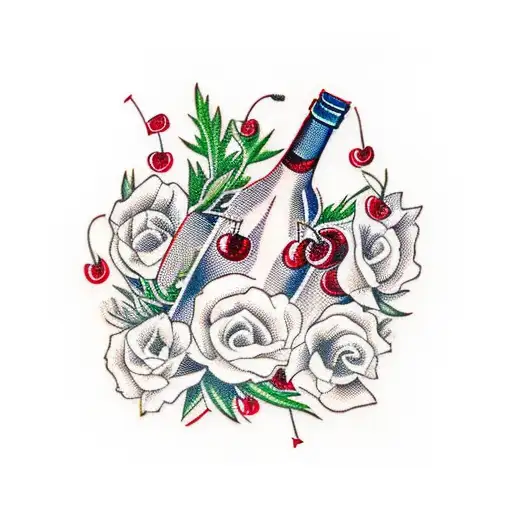wine bottle with cherries on it, next to it rosemary and thyme tattoo design idea