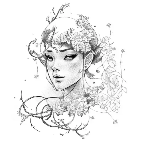 An elegant archer surrounded by a constellation of flowers and vines tattoo design idea