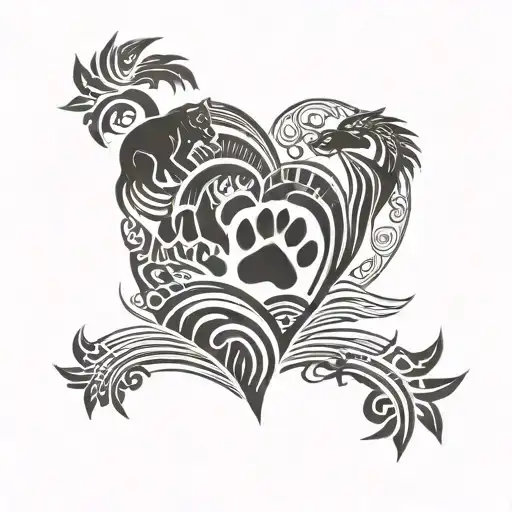 sun, wave, palm tree, California bear, dog paw, 2 hearts tattoo design idea