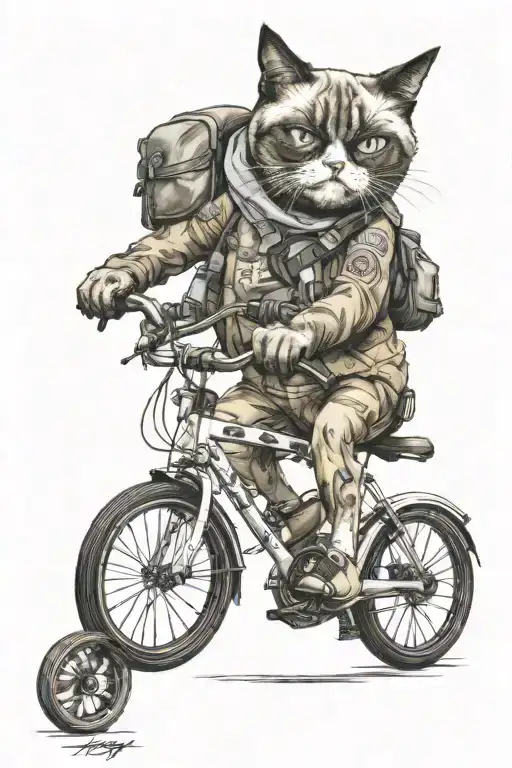 a grumpy cat riding a bicycle carrying a backpack tattoo design idea