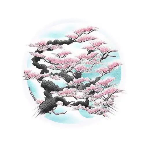Japanese waves and cherry blossoms in color tattoo design idea