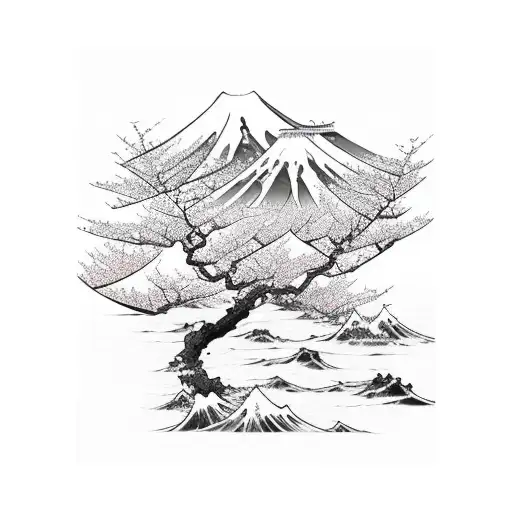 Japanese waves and cherry blossoms in color tattoo design idea