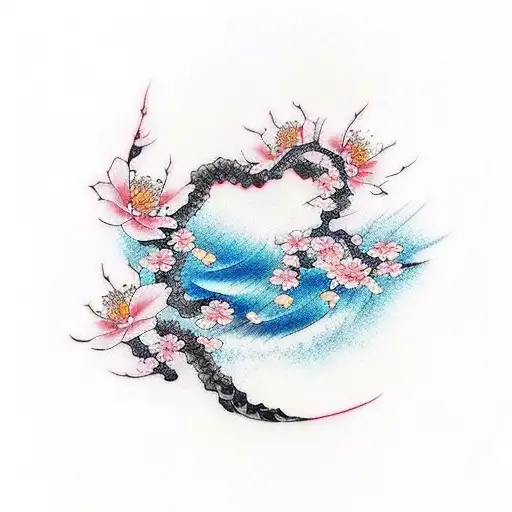 Japanese waves and cherry blossoms in color tattoo design idea