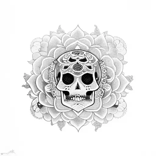 Japanese mandala with skulls and roses tattoo design idea