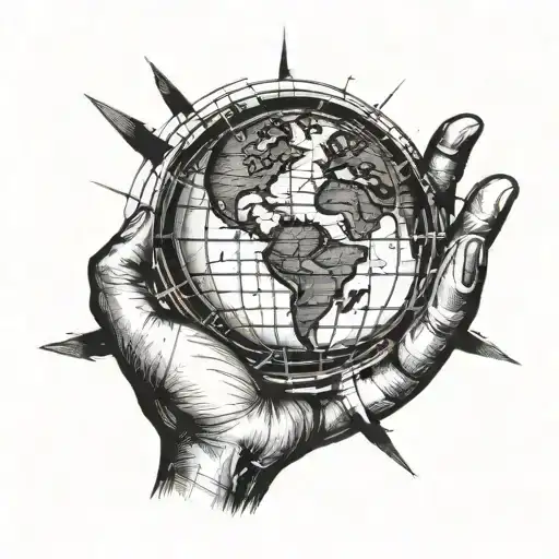 Globe being held by 2 hands and lines running through the globe for North, East, South, and West.  tattoo design idea