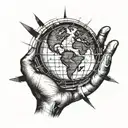 Globe being held by 2 hands and lines running through the globe for North, East, South, and West.  tattoo design idea
