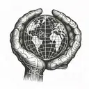 Globe being held by 2 hands and lines running through the globe for North, East, South, and West.  tattoo design idea