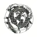 Globe being held by 2 hands and lines running through the globe for North, East, South, and West.  tattoo design idea