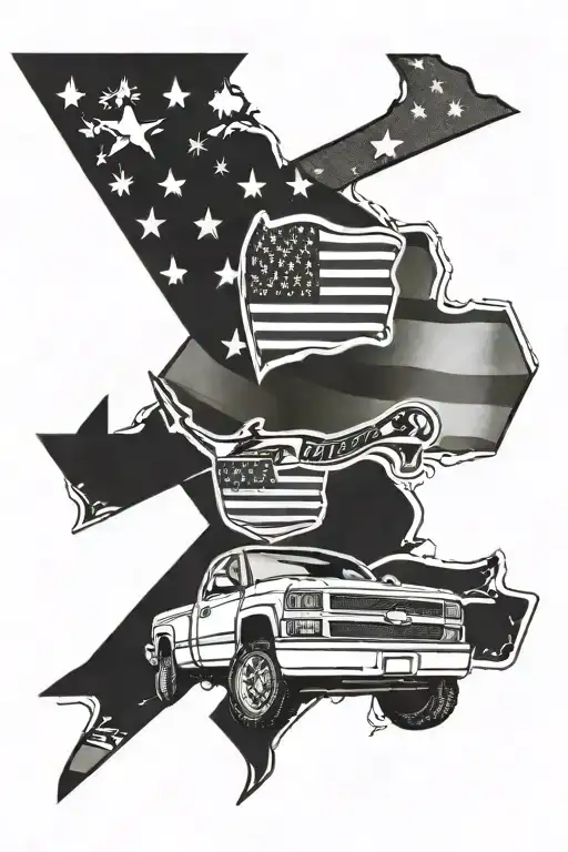 black Chevy truck, cross, American flag, snowmobile  tattoo design idea