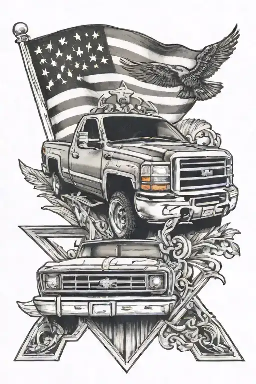 a memorial tattoo for my best friend wih a cross and a black Chevrolet truck with an American flag in the background  tattoo design idea