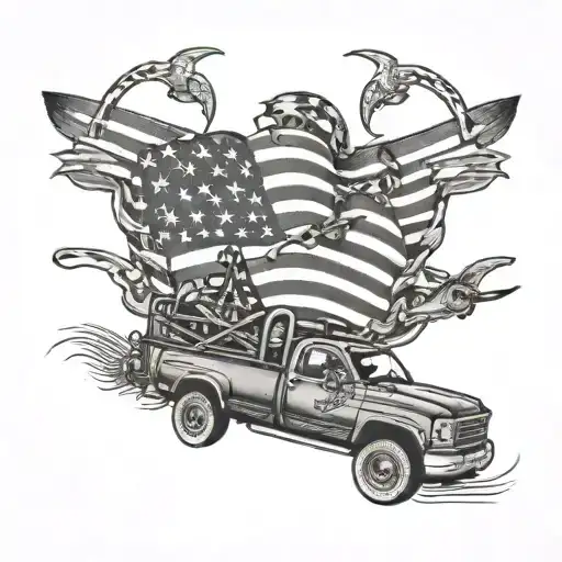 Chevy truck, snowmobile, cross intertwined, American flag backround  tattoo design idea