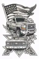a memorial tattoo for my best friend wih a cross and a black Chevrolet truck with an American flag in the background  tattoo design idea