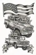a memorial tattoo for my best friend wih a cross and a black Chevrolet truck with an American flag in the background  tattoo design idea