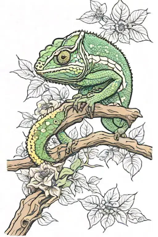 Full arm tattoo of a chameleon on a branch with vines, sunflowers and bumblebees in the style of Van Gogh tattoo design idea
