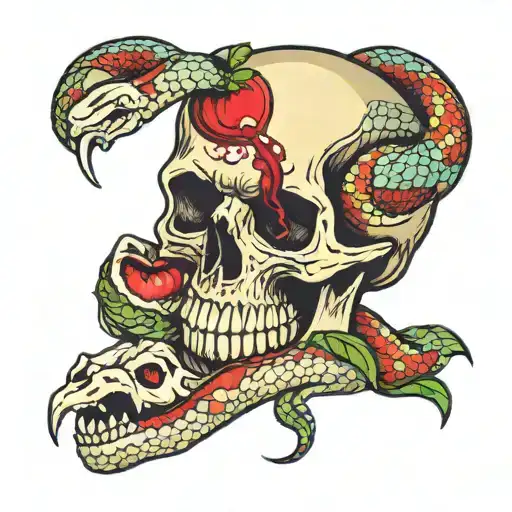 a snake wraps around a skull bites an apple with blood tattoo design idea